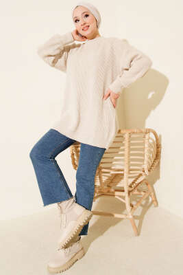 Kol Düğme Detaylı Triko Tunik Taş - Tunik