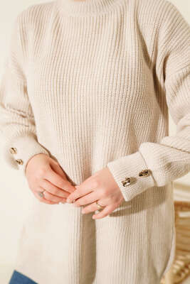 Kol Düğme Detaylı Triko Tunik Taş - Tunik