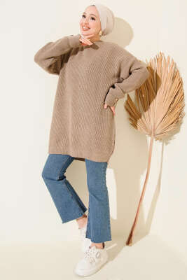 Kol Düğme Detaylı Triko Tunik Vizon - Tunik