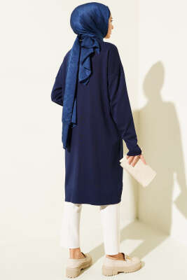 Kol Düğme Detaylı Triko Uzun Hırka Lacivert - Triko Hırka