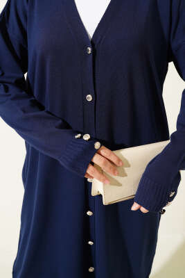 Kol Düğme Detaylı Triko Uzun Hırka Lacivert - Triko Hırka