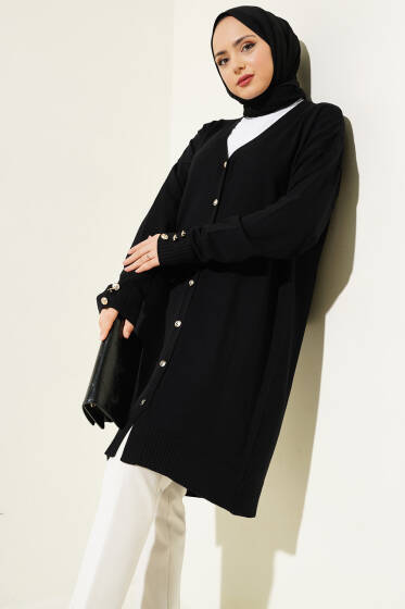 Kol Düğme Detaylı Triko Uzun Hırka Siyah - Hırka