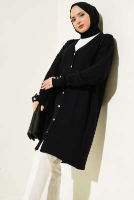 Kol Düğme Detaylı Triko Uzun Hırka Siyah - Triko Hırka