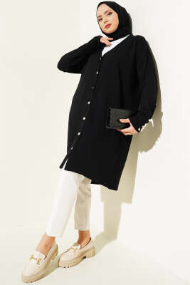 Kol Düğme Detaylı Triko Uzun Hırka Siyah - Triko Hırka