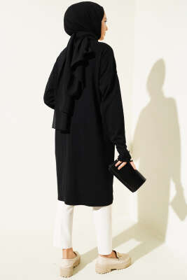 Kol Düğme Detaylı Triko Uzun Hırka Siyah - Triko Hırka