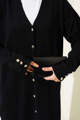 Kol Düğme Detaylı Triko Uzun Hırka Siyah - Triko Hırka