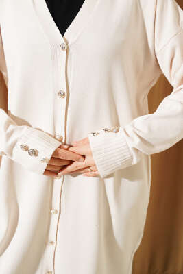 Kol Düğme Detaylı Triko Uzun Hırka Vanilya - Triko Hırka