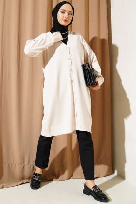 Kol Düğme Detaylı Triko Uzun Hırka Vanilya - Triko Hırka