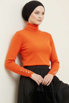  Kol Düğmeli Balıkçı Yaka Triko Kazak Oranj 