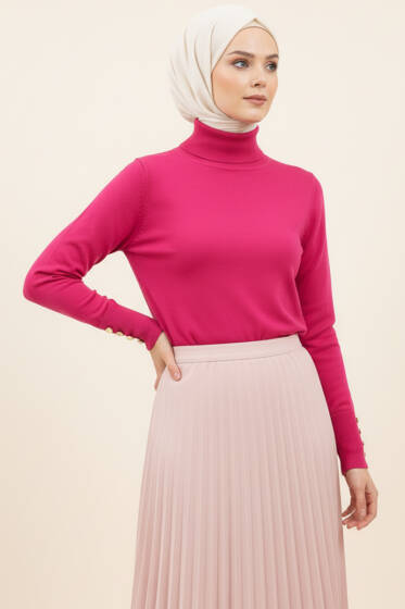  Kol Düğmeli Balıkçı Yaka Triko Kazak Pembe - Triko Kazak