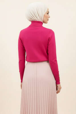  Kol Düğmeli Balıkçı Yaka Triko Kazak Pembe - Yılın Fırsatı