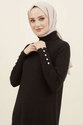  Kol Düğmeli Balıkçı Yaka Triko Kazak Siyah - Yılın Fırsatı