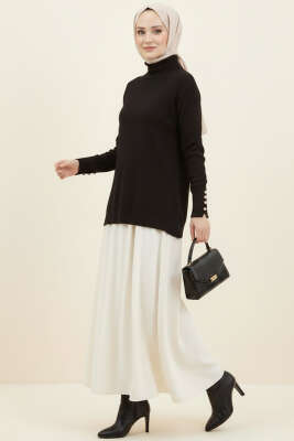  Kol Düğmeli Balıkçı Yaka Triko Kazak Siyah - Yılın Fırsatı