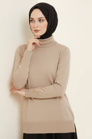  Kol Düğmeli Balıkçı Yaka Triko Kazak Vizon - Triko Kazak