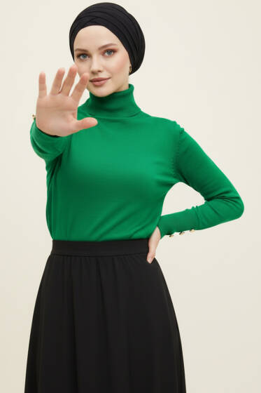  Kol Düğmeli Balıkçı Yaka Triko Kazak Yeşil - Triko Kazak