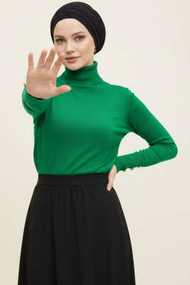  Kol Düğmeli Balıkçı Yaka Triko Kazak Yeşil 