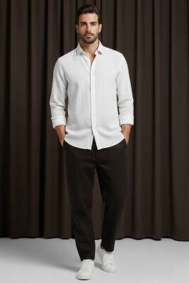 Kol Düğmeli Çizgili Erkek Keten Gömlek Beyaz - Erkek Gömlek