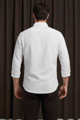 Kol Düğmeli Çizgili Erkek Keten Gömlek Beyaz - Erkek Gömlek