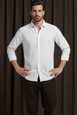 Kol Düğmeli Çizgili Erkek Keten Gömlek Beyaz - GAVAZZİ