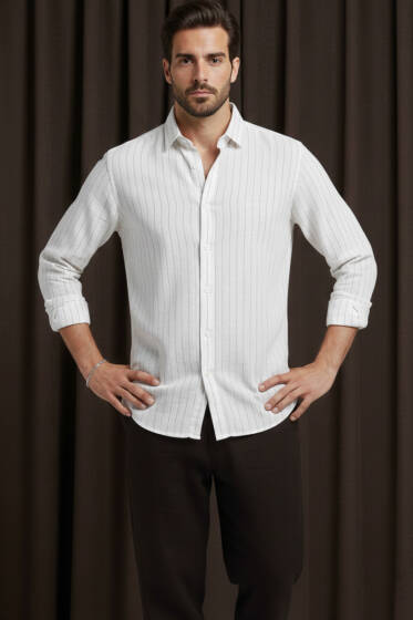 Kol Düğmeli Çizgili Erkek Keten Gömlek Beyaz - Erkek Gömlek