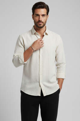 Kol Düğmeli Çizgili Erkek Keten Gömlek Krem - GAVAZZİ