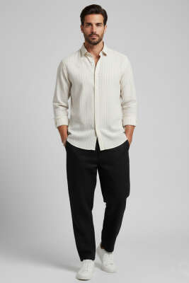 Kol Düğmeli Çizgili Erkek Keten Gömlek Krem - Erkek Gömlek