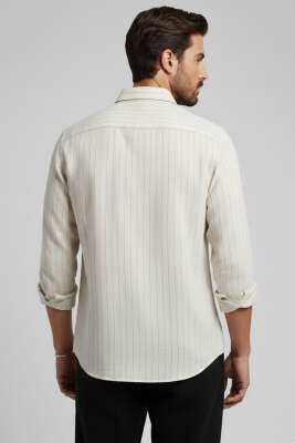 Kol Düğmeli Çizgili Erkek Keten Gömlek Krem - Erkek Gömlek