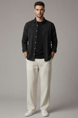 Kol Düğmeli Çizgili Erkek Keten Gömlek Siyah - Erkek Gömlek