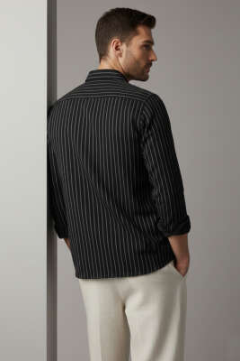 Kol Düğmeli Çizgili Erkek Keten Gömlek Siyah - Erkek Gömlek