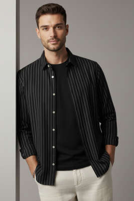 Kol Düğmeli Çizgili Erkek Keten Gömlek Siyah - GAVAZZİ