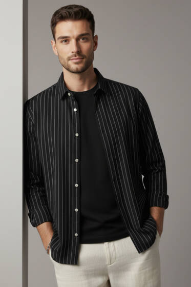 Kol Düğmeli Çizgili Erkek Keten Gömlek Siyah - Erkek Gömlek