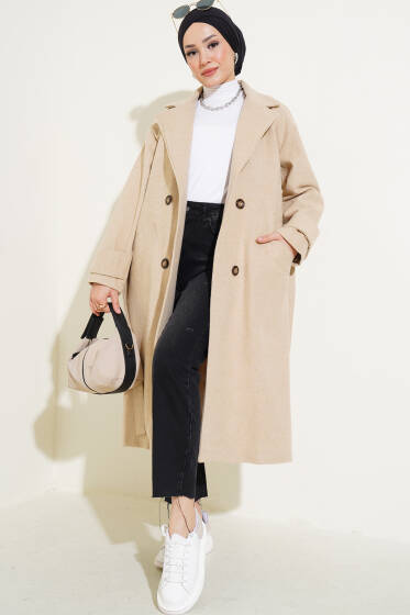 Kol Düğmeli Kaşe Kaban Bej - Kaban