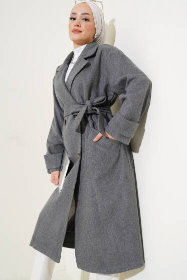 Kol Düğmeli Kaşe Kaban Füme - Kaban