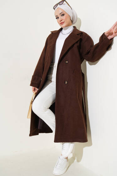 Kol Düğmeli Kaşe Kaban Kahve - Kaban