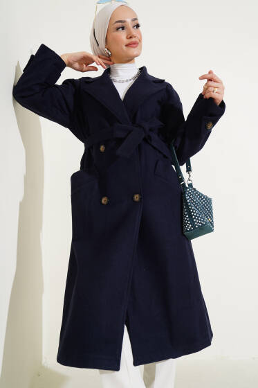 Kol Düğmeli Kaşe Kaban Lacivert - Kaban