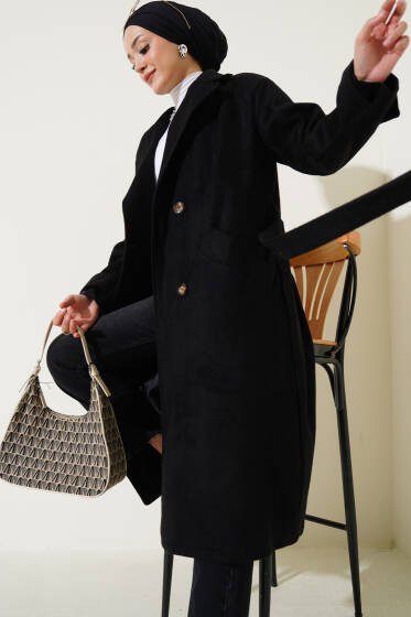 Kol Düğmeli Kaşe Kaban Siyah - Kaban