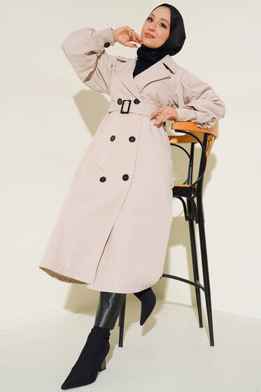 Kol Düğmeli Kemer Tokalı Trenç Bej - Trençkot