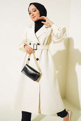 Kol Düğmeli Kemer Tokalı Trenç Ekru - Trençkot