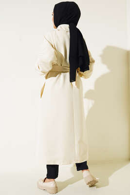 Kol Düğmeli Kemer Tokalı Trenç Ekru - Trençkot