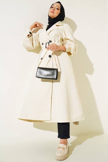 Kol Düğmeli Kemer Tokalı Trenç Ekru - Trençkot Kadın