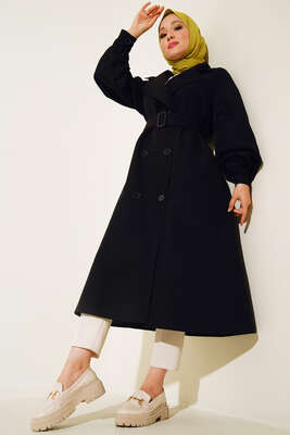 Kol Düğmeli Kemer Tokalı Trenç Siyah