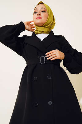 Kol Düğmeli Kemer Tokalı Trenç Siyah - Trençkot