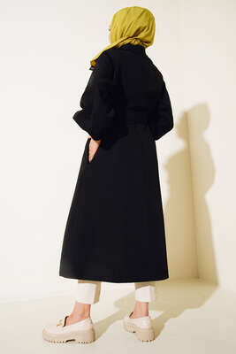 Kol Düğmeli Kemer Tokalı Trenç Siyah - Trençkot