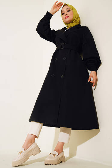 Kol Düğmeli Kemer Tokalı Trenç Siyah - Trençkot Kadın