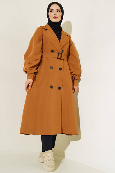 Kol Düğmeli Kemer Tokalı Trenç Taba - Trençkot Kadın