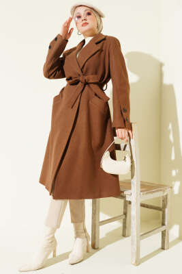 Kol Düğmeli Kuşaklı Kaşe Kaban Açık Kahve 