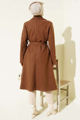 Kol Düğmeli Kuşaklı Kaşe Kaban Açık Kahve - Kaban