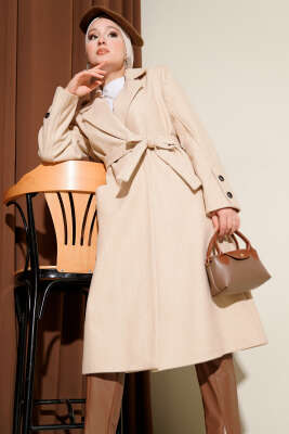 Kol Düğmeli Kuşaklı Kaşe Kaban Bej 