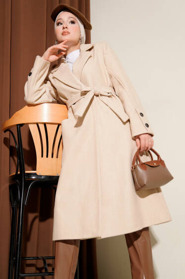 Kol Düğmeli Kuşaklı Kaşe Kaban Bej - Kaban