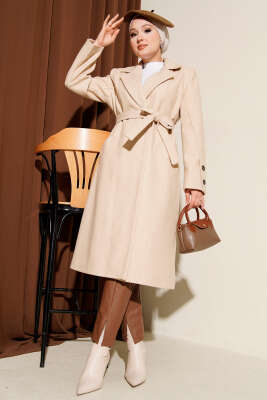 Kol Düğmeli Kuşaklı Kaşe Kaban Bej - Kaban